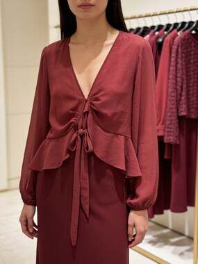 Bluebell Women's Rusty Chiffon Ruffle Front Tie Blouse Long Sleeve 2X